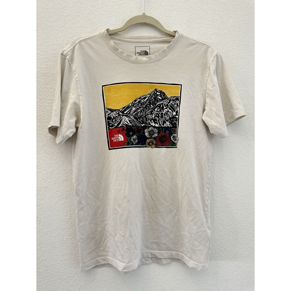 The North Face Mens S Himalayan Bottle Graphic Tee Cream Mountain Flower Shirt